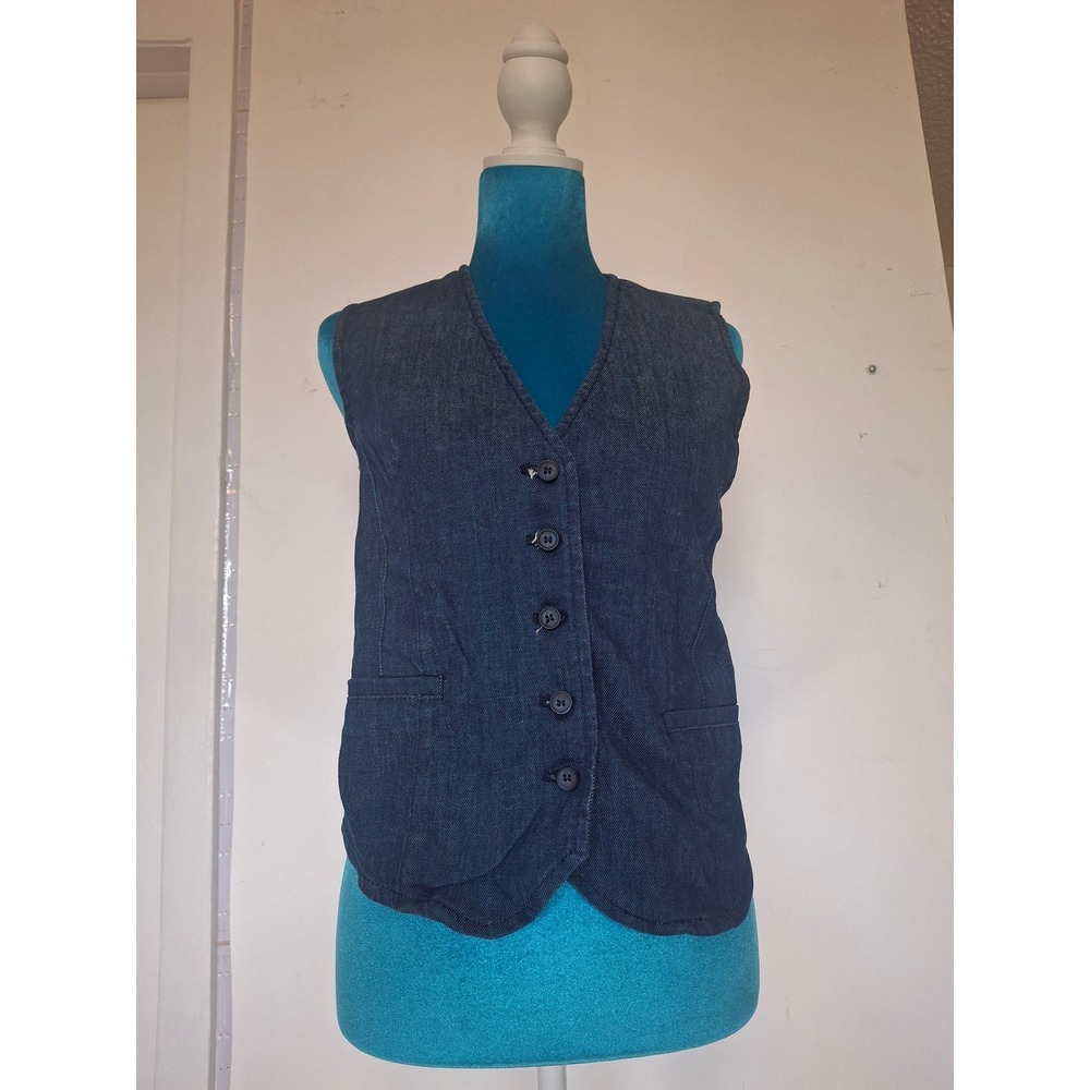 Zara Women Dark Wash Denim Waistcoat Vest Blue Button Front Size XS 6840/250/400